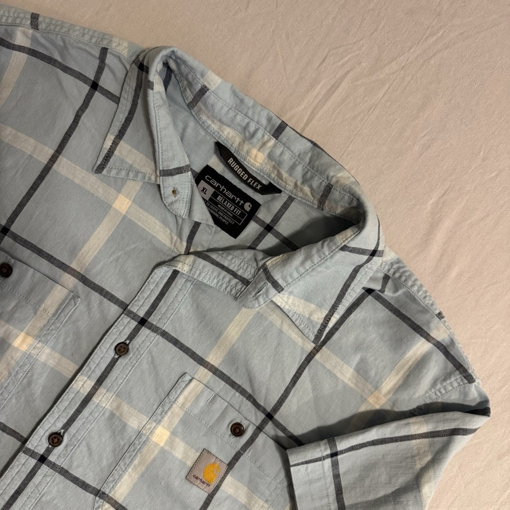 Carhartt Rugged Flex Mens XL Plaid Shirt Relaxed Fit Short Sleeve Button Up Blue